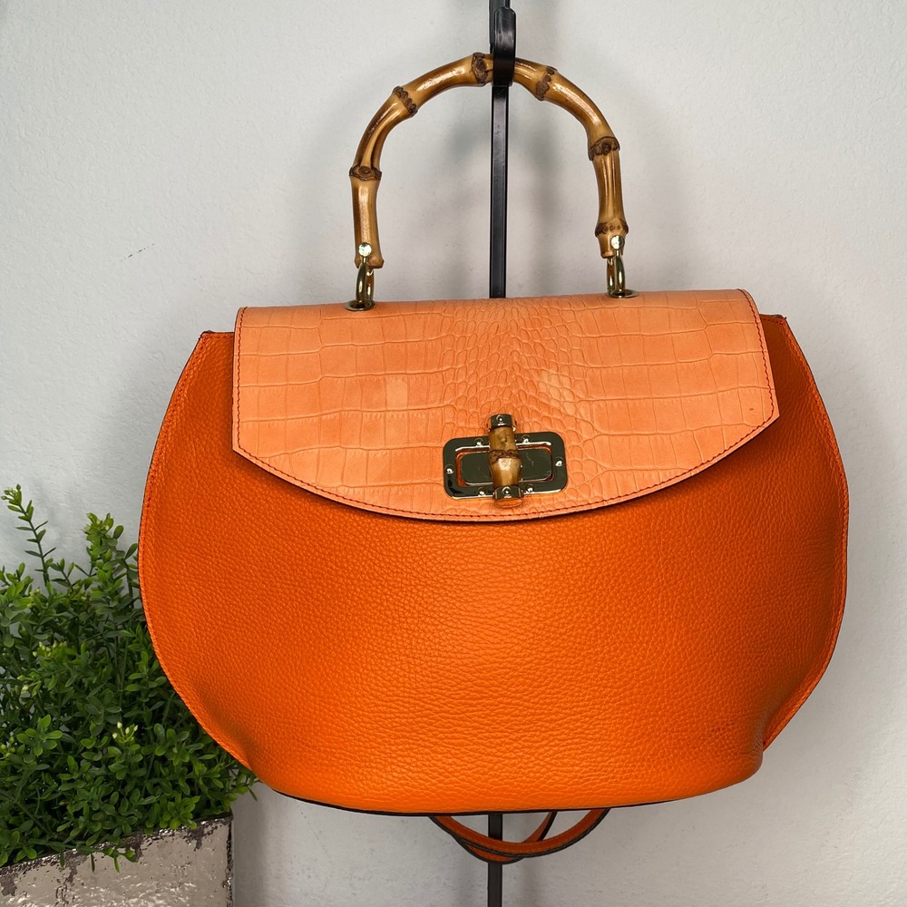 Borse in Pelle Satchel Crossbody Shoulder Bag Croc‎ Emboss Orange Pebble Leather